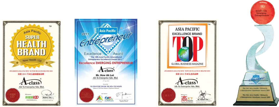 A-Class 2011 awards: Asia Pacific Super Health Brand, Asia Pacific Entrepreneur Excellence Award presented to Mr How Ah Let, Asia Pacific Top Excellence Brand certificate and trophy